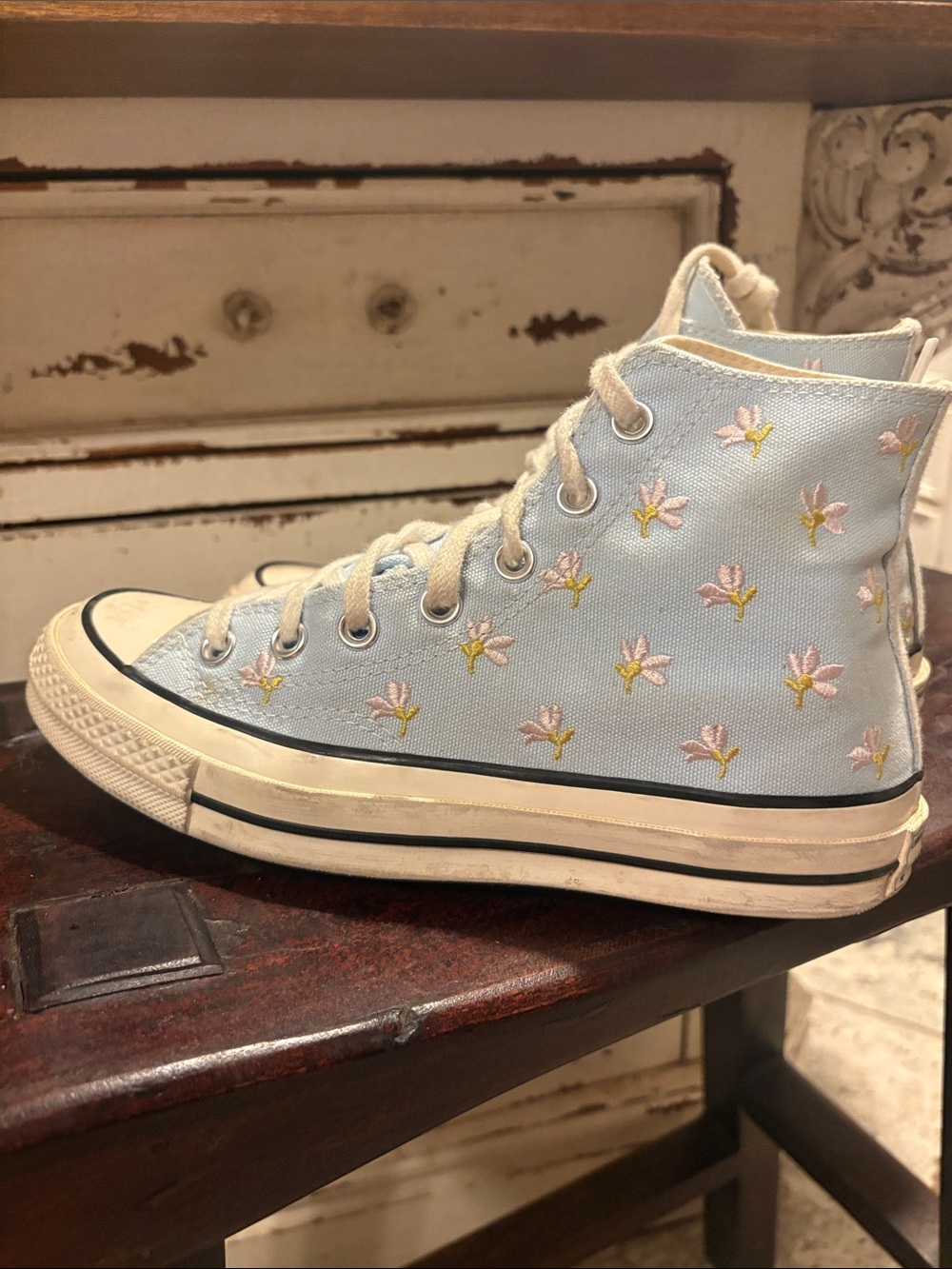 Converse Light Blue High Top Sneakers with Pink Floral Embroidery - Picture 2 of 9